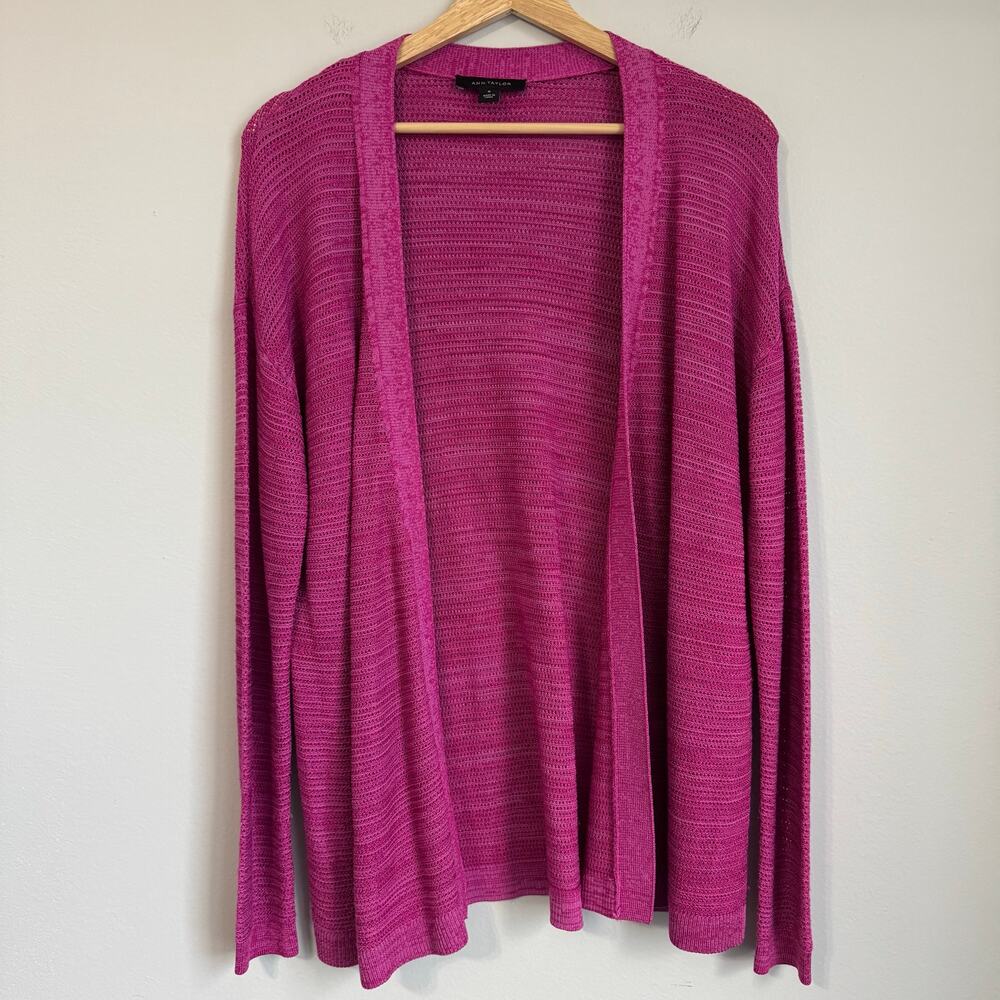 Ann Taylor Pink Ribbed Longline Open Front Cardigan Medium Knit Magenta